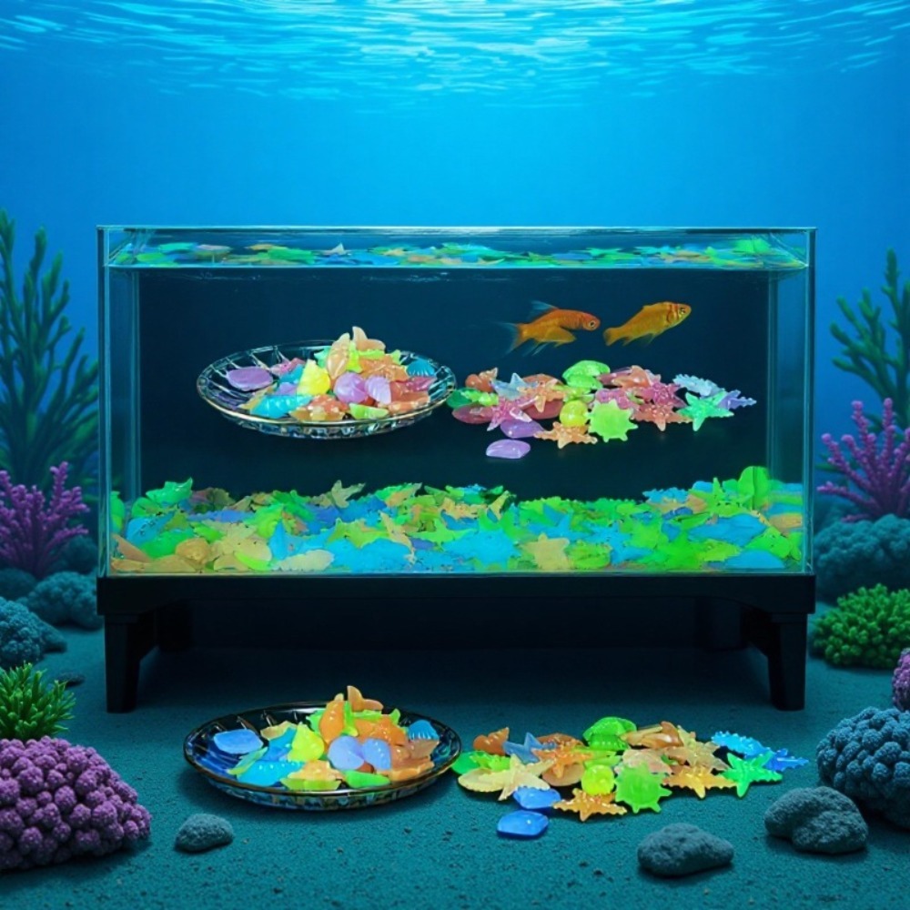 Aquarium Fish Items - Leuchtende Ozeansteine, fluoreszierende Muscheln, bunte Seesterne