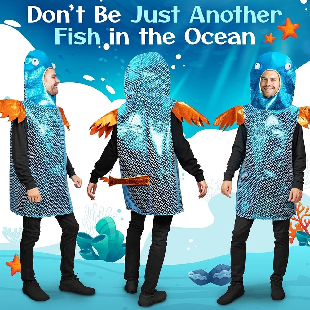 Aquarium Fish Usa - Glänzendes blaues Fischkostüm mit metallischem Fischschuppen-Print,