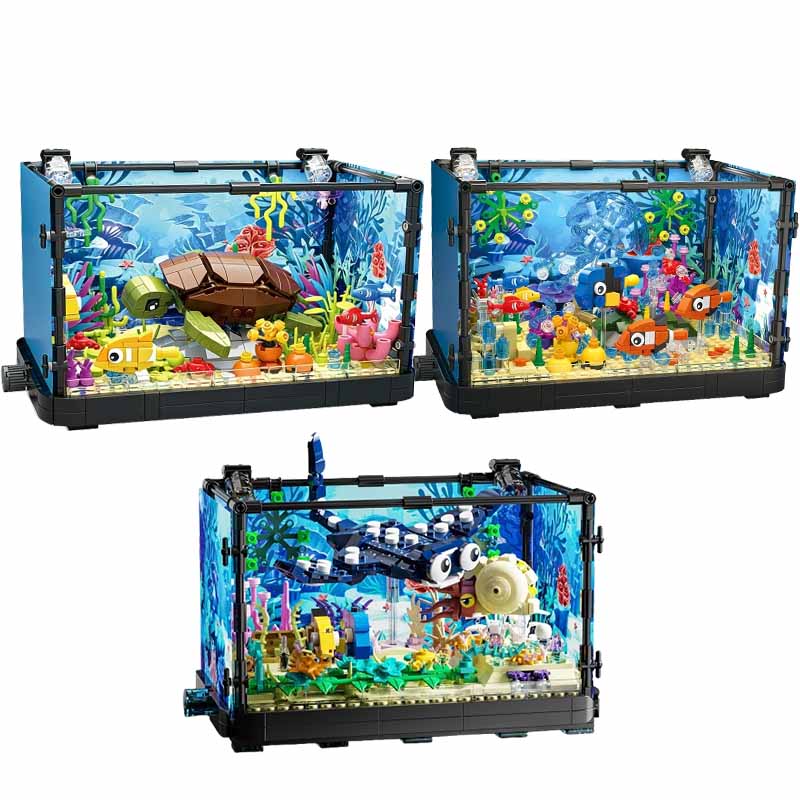 Aquarium Fish Land - Aquarium-Baustein-Set mit Licht, Aquarium, Meeresschildkröte, Baustein-Spielzeug